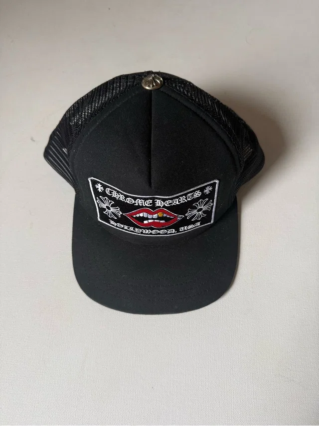 Chrome Hearts Black Trucker Cap With Red Accent Lip Patch in white|silver|red|gray|black from Poshmark
