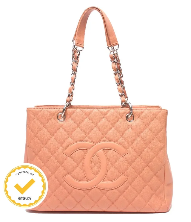 Chanel Chain Tote Shoulder Bag Silver Quilted Caviar Leather in Silver Caviar leather from The Reluxe