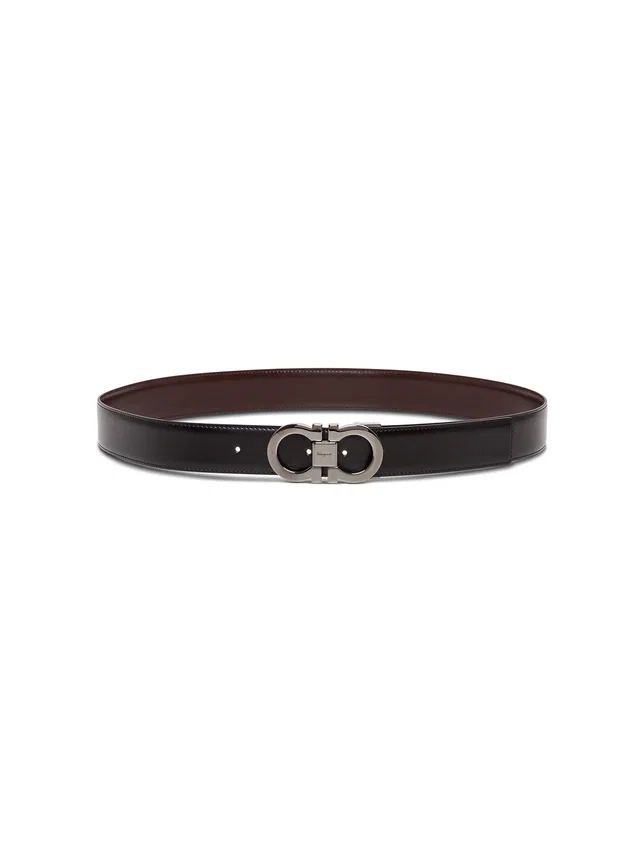 Ferragamo Gancini Buckle Reversible Belt — Black Calfskin in Black Calfskin from HEWI
