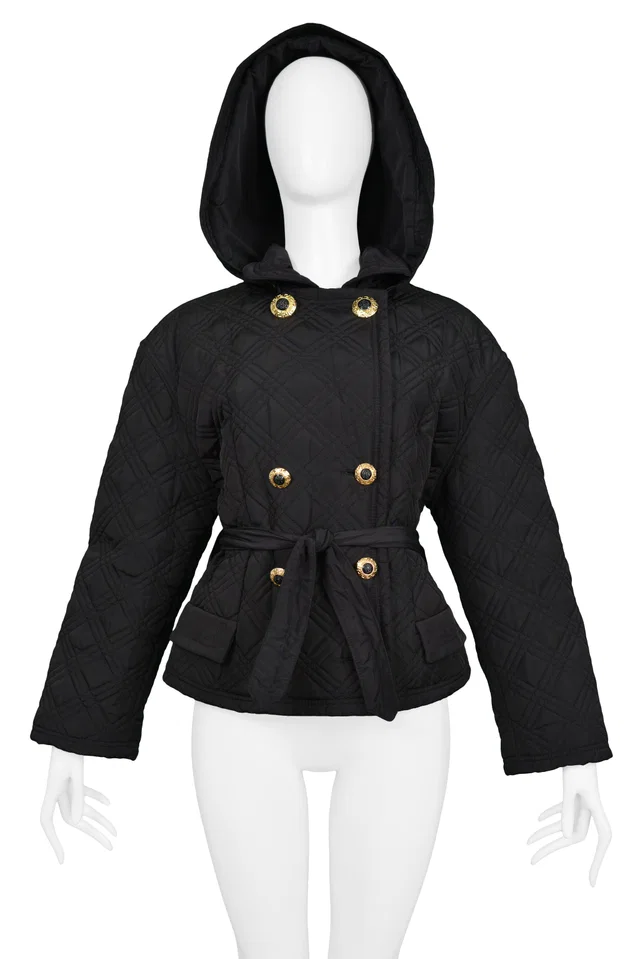 Versace Black Nylon Quilted Jacket With Hood in Black Nylon from Resurrection Vintage