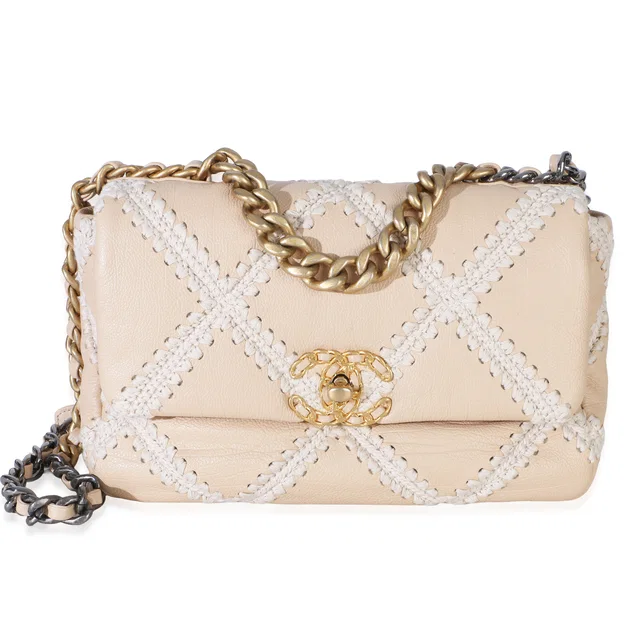Chanel Beige Calfskin Crochet Medium 19 Flap Bag Leather Handbag in Beige Calfskin from HEWI
