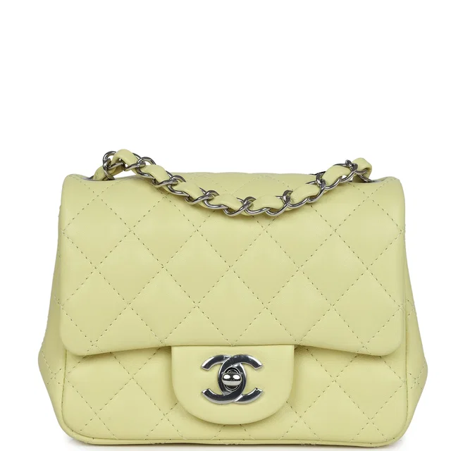 Chanel Mini Square Flap Bag Lime Lambskin Silver Hardware in Lambskin from Madison Avenue Couture