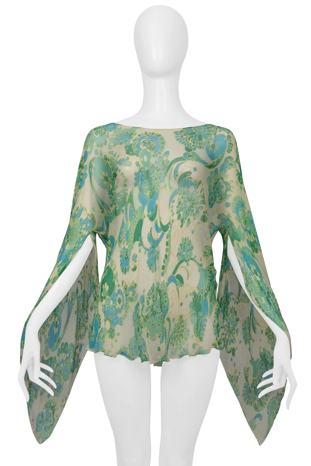 Dolce & Gabbana Off White Chiffon Blouse With Blue & Green Psychedelic Print in White Silk from Resurrection Vintage