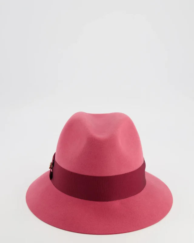 Loro Piana Hot Pink Baby Cashfelt Hat with Burgundy Ribbon and Champagne Gold Logo Detail Size S in Burgundy Cashmere from Sellier, photo 8 of 10