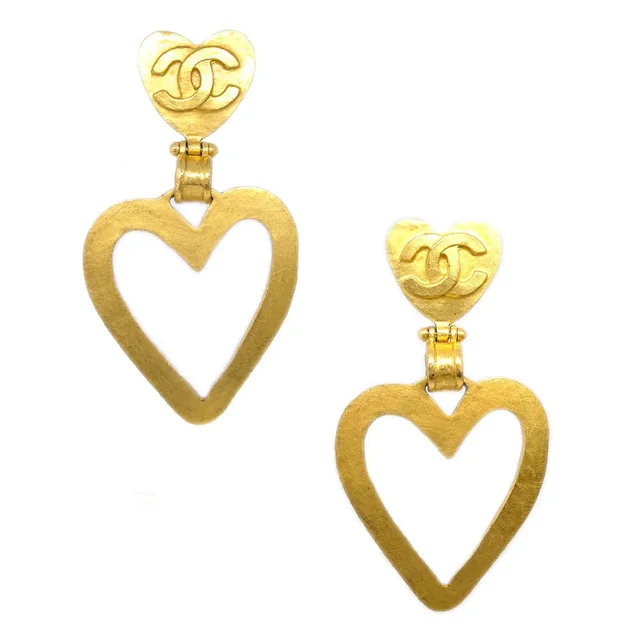 Chanel Heart Dangle Hoop Earrings Gold Clip-On 95P in Gold from AMORE Vintage Tokyo