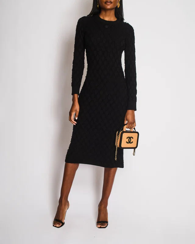 Chanel Black Long Sleeve Quilted Maxi Dress with CC Logo Detail Size FR 38 (UK 10) in Black Cashmere from Sellier