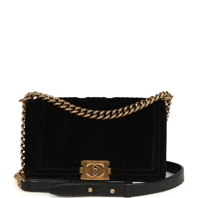 Chanel Medium Boy Bag Black Chevron Velvet Antique Gold Hardware in Black Velvet from Madison Avenue Couture