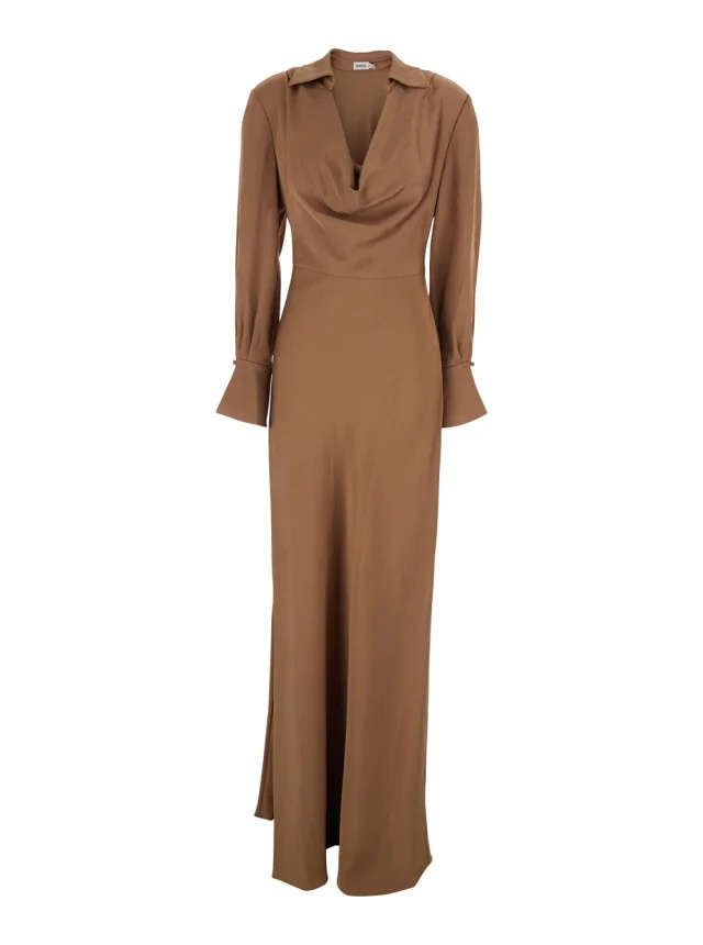 Simkhai Long Dress 'Adelle' with Draped Neckline and Wide Cuffs Tech Fabric Brown Women in Brown 84% Acetate 16% Polyester from Gaudenzi Boutique, photo 1 of 1