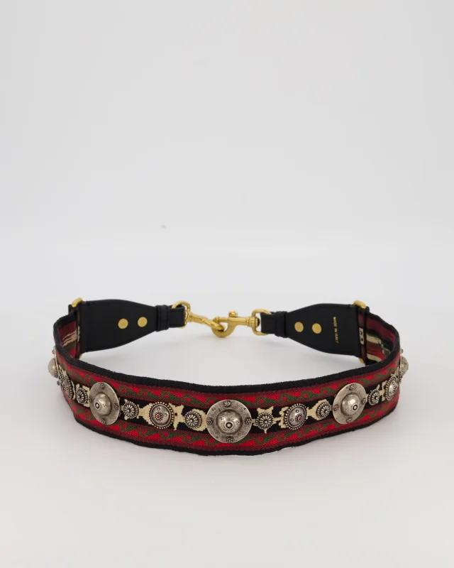 Dior Embroidered Studded Red and Green Bohemian Shoulder Strap with Mixed Metal Hardware in Red Canvas from Sellier, photo 4 of 4