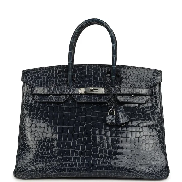Hermès Birkin 35 Bleu Abysse Shiny Porosus Crocodile Palladium Hardware in Blue Crocodile from Madison Avenue Couture
