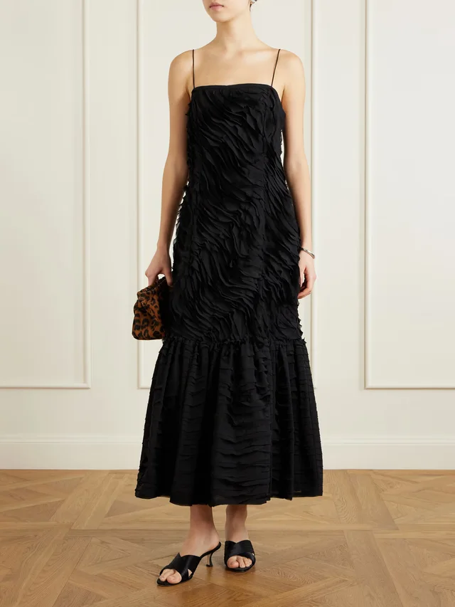 ULLA JOHNSON Augustina pleated chiffon midi dress in Black, photo 2 of 2 from NET-A-PORTER (Canada)