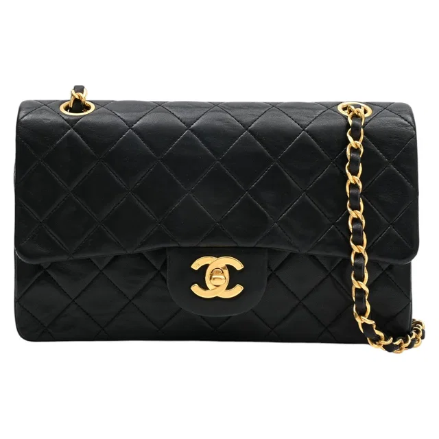 Chanel 1990s Classic Flap Chain Bag 23cm Black in Black Lambskin from VINTAGE QOO TOKYO