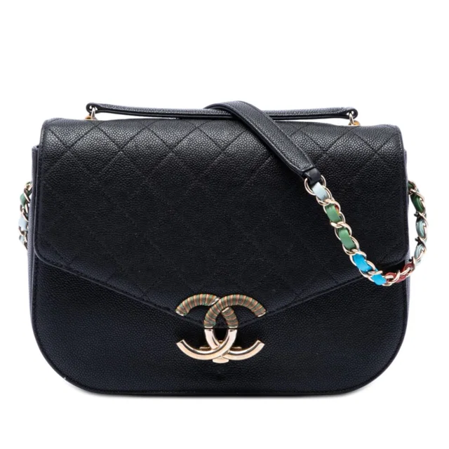 Black Chanel Paris Cuba Medium Quilted Caviar Thread Around Flap Satchel in Black Caviar leather from Designer Revival