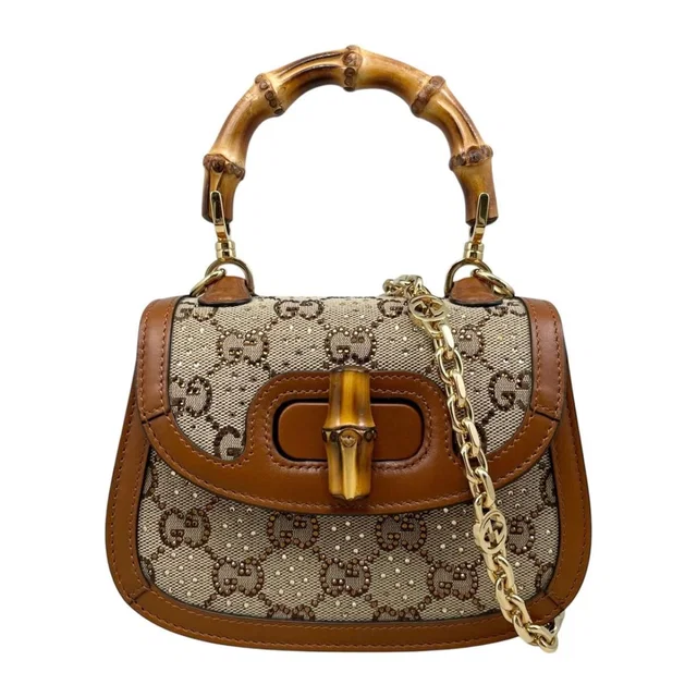 Gucci Shoulder Bag Bamboo Crystal Mini Top Handle GG Canvas Leather Logo in Canvas from The Reluxe