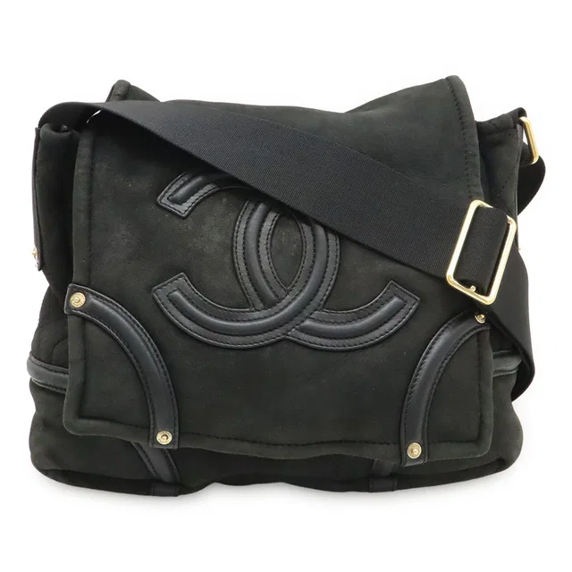 Chanel CC Logo Shoulder Bag Crossbody Shearling Leather Boa Black Gold in Black Leather from The Reluxe