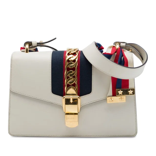 White Gucci Small Calfskin Web Sylvie Satchel in White Calfskin from Designer Revival