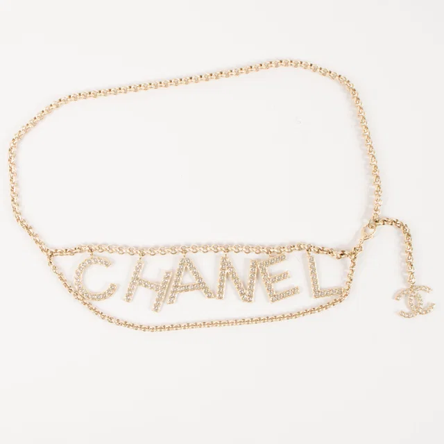 Chanel 20V Gold Tone Crystal CC Logo Chain Belt in Gold from Labellov