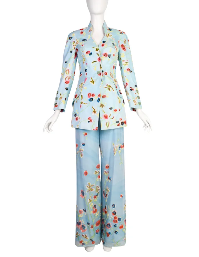 Christian Lacroix Vintage SS 1998 Baby Blue Silk Georgette Degrade Velvet Floral Jacket Paint Suit in Blue Velvet from Amarcord Vintage Fashion