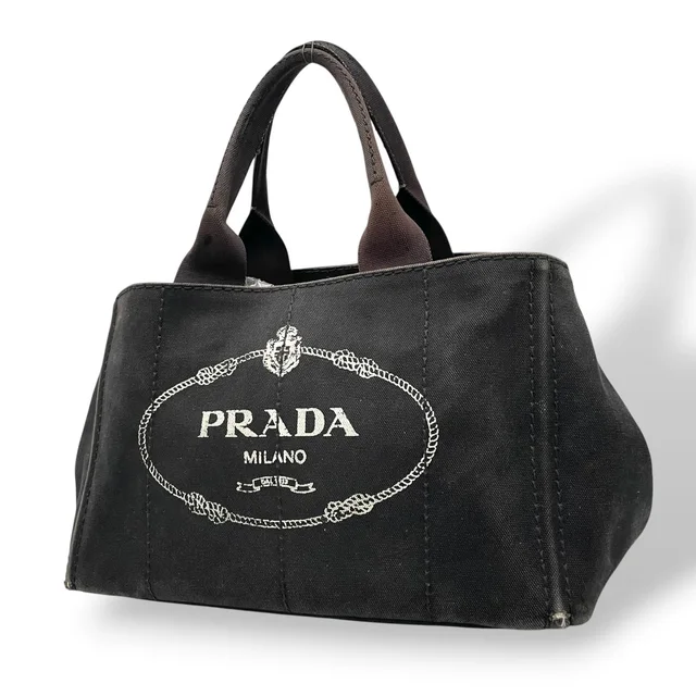 Prada Canapa Tote Bag Black Canvas White Logo Print Gold Handle 194 Casual in Black Canvas from The Reluxe