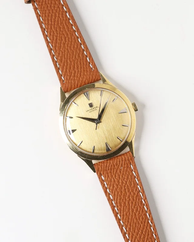 Universal Genève 34mm Manual 1950s 18k Gold Watch in Gold Leather from A Retro Tale