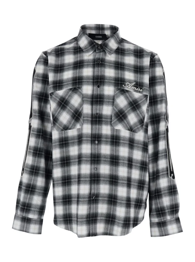 Shirt with Classic Collar and All-Over Check Motif in Multicolor Wool for Men in Black, image 1 of 1 from Gaudenzi Boutique