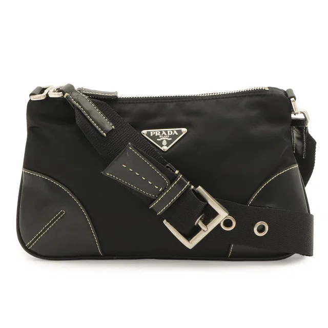 Prada Tessuto Light Shoulder Bag Nylon Leather Nero Black Silver in Black Nylon from The Reluxe