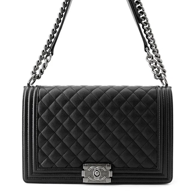 Chanel Chain Shoulder Bag Boy Large Quilted CC Logo Caviar Leather Black in Black Caviar leather from The Reluxe
