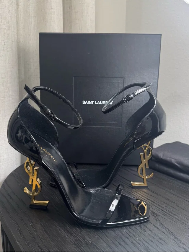 Saint Laurent Opyum 110 Logo Heel Sandal Patent Black 40 in black|gold Patent leather from Poshmark