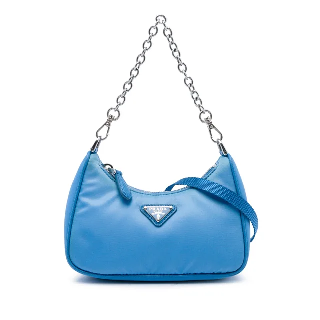Blue Prada Mini Saffiano Trimmed Tessuto Re Edition 2005 Satchel in Blue Saffiano leather from Designer Revival