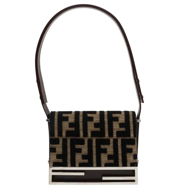 Fendi Velvet FF ZUCCA Pattern Shoulder Bag Brown/Black in Black Velvet from VINTAGE QOO TOKYO