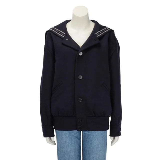 Dior Pearl Embellished Logo Jacket FR 36 in Navy Wool from Blue Spinach