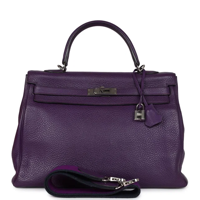Hermès Kelly Retourne 35 Ultraviolet Clemence Palladium Hardware in Clemence leather from Madison Avenue Couture