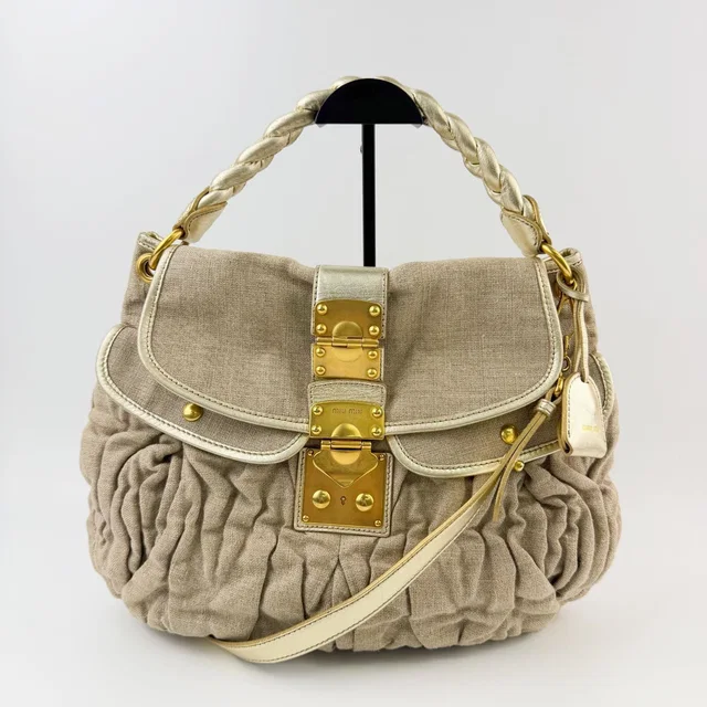 Miu Miu Coffer Matelasse 2-Way Shoulder Bag Linen Leather Beige Gold Vintage in Beige Leather from The Reluxe