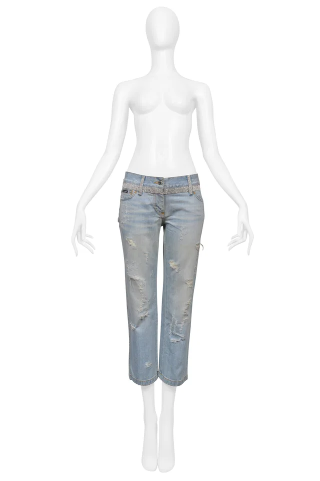 Dolce & Gabbana Distressed Light Blue Denim Croppedjeans With Rhinestones in Blue Denim from Resurrection Vintage