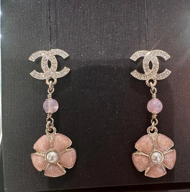 Chanel Drop Earrings Crystal CC with Pink Flower and Pearls from Luxury Promise