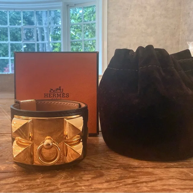 Hermès Black Leather Collier De Chien Bracelet With Gold Hardware in black|gold Leather from Poshmark