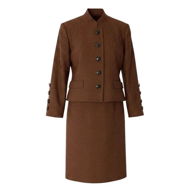 Saint Laurent Set Skirt Suit Plaid Stand Collar Jacket Knee Length S Brown Wool in Brown Wool from The Reluxe