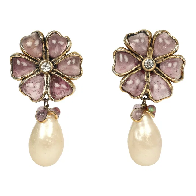 Chanel Vintage Gripoix Flower and Pearl Drop Earrings Purple Gold Plated Hardware in Purple from Madison Avenue Couture