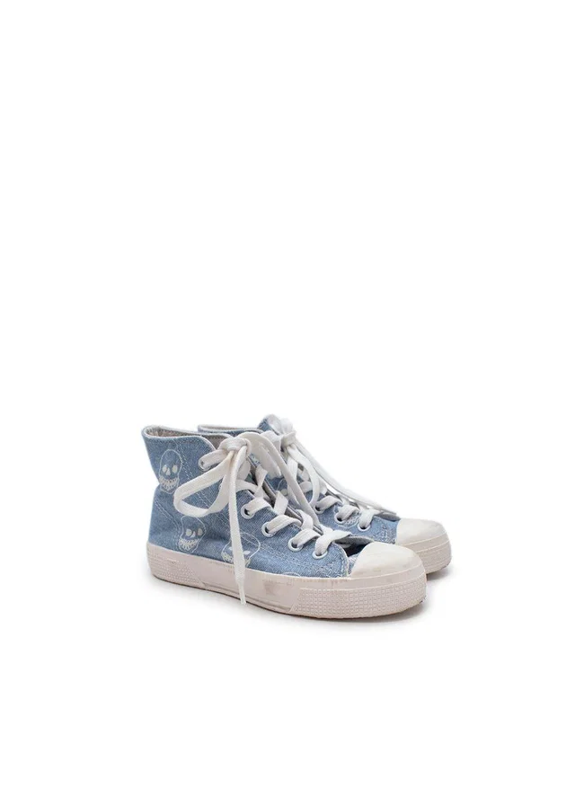 Stella McCartney Skull Print Light Blue Lace Up High Top Trainers in Blue Denim from HEWI