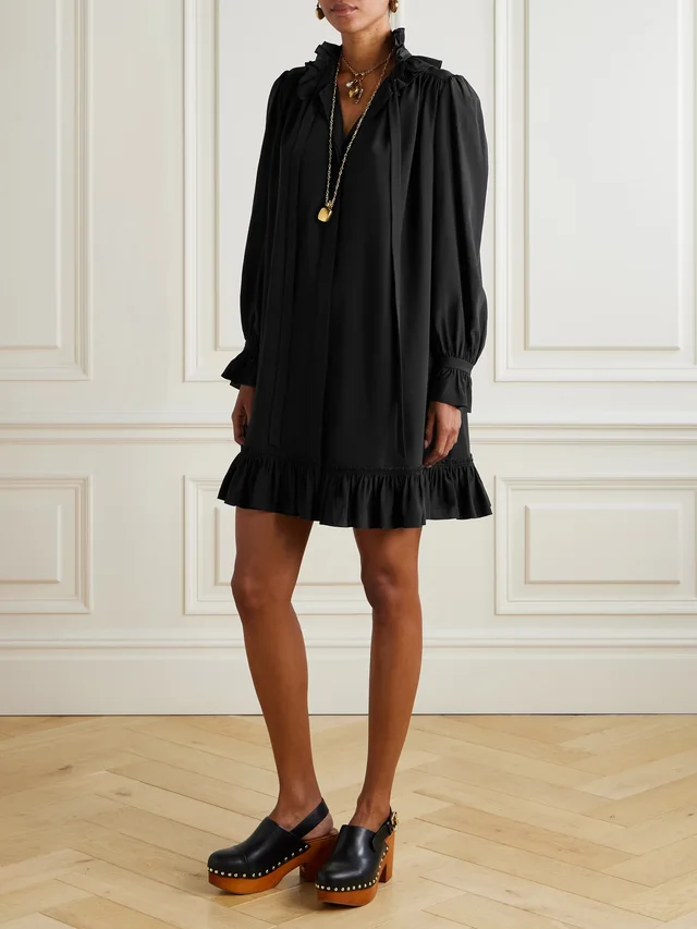 CHLOÉ Pussy-bow ruffled organic silk-crepe mini dress in Black, photo 2 of 2 from NET-A-PORTER (Canada)