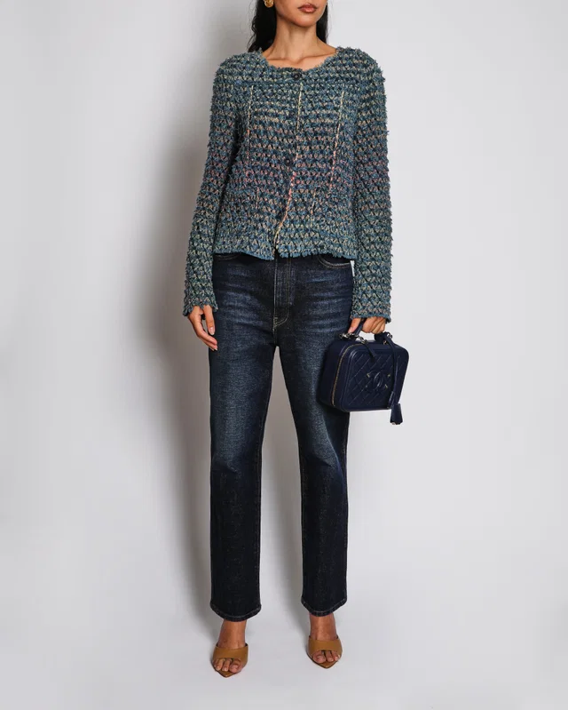 Chanel Blue Frayed Tweed Jacket with Denim CC Logo Buttons Size FR 42 (UK 14) in Blue Tweed from Sellier