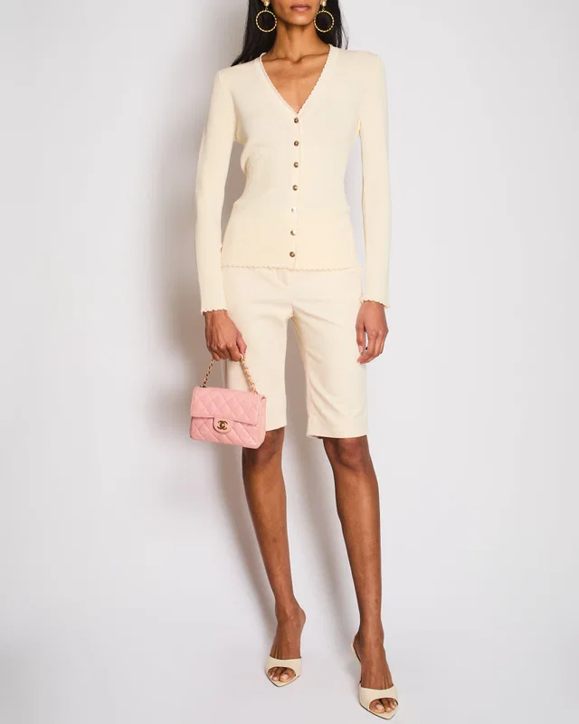Chanel Ivory Ribbed Long Sleeve Cardigan with Scalloped Edge Detail Size FR 38 (UK 10) in White Wool from Sellier