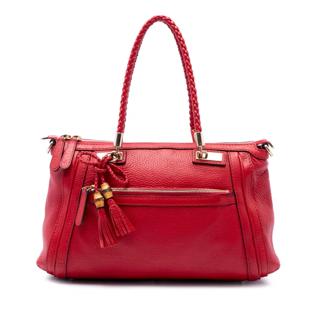 Red Gucci Pebbled Calfskin Bella Satchel in Red Calfskin from Designer Revival