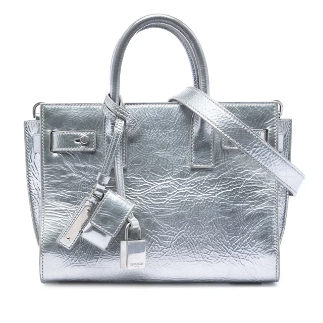 Silver Saint Laurent Nano Metallic Crinkled Calfskin Supple Sac De Jour Satchel in Silver Calfskin from Designer Revival
