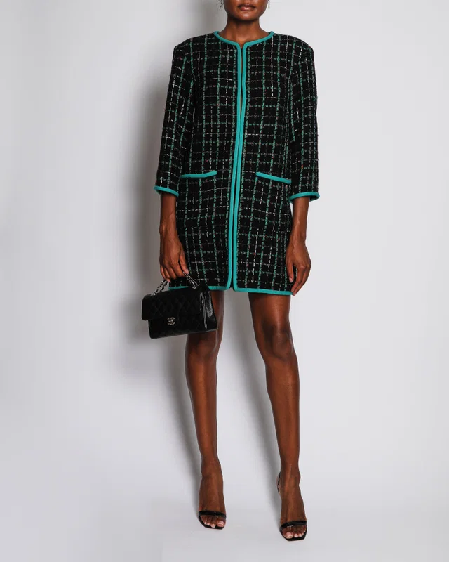 Chanel 17/S Black Collarless Tweed Mid-Length Jacket with Green Piping Detail Size FR 38 (UK 10) in Black Tweed from Sellier