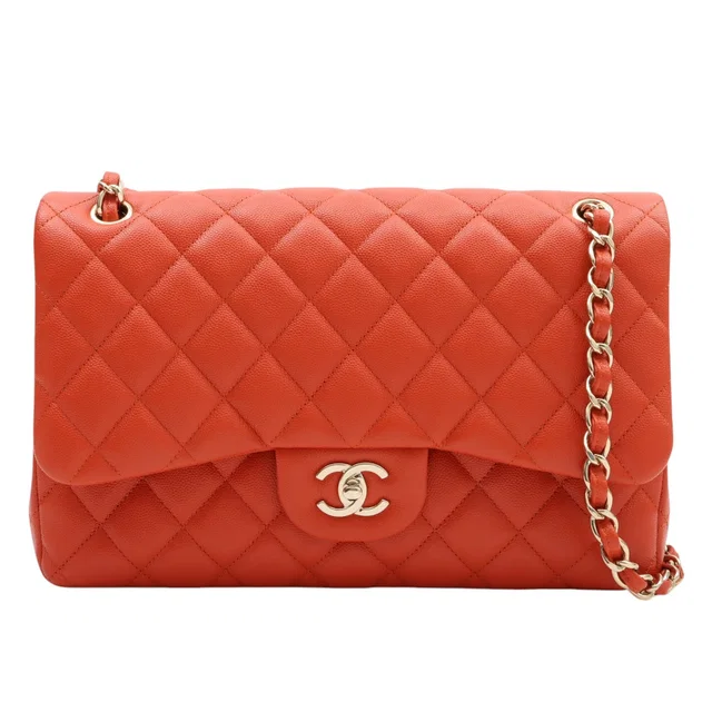 Chanel 2018-ish Caviar Leather Classic Flap Chain Bag 30cm Orange in Orange Caviar leather from VINTAGE QOO TOKYO