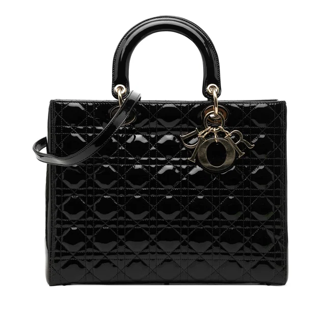 Black Dior Large Patent Cannage Lady Dior Satchel in Black Patent leather from Designer Revival