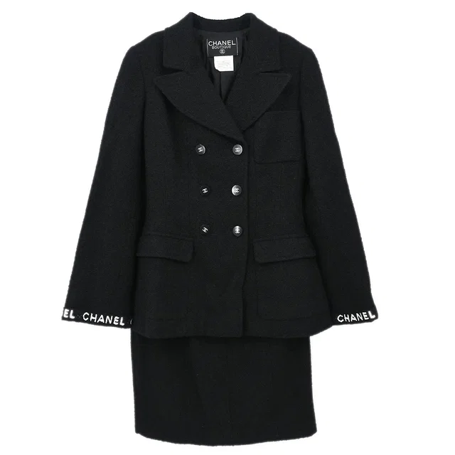 Chanel 1995 Suit Jacket Skirt Black #36 in Black Nylon from AMORE Vintage Tokyo