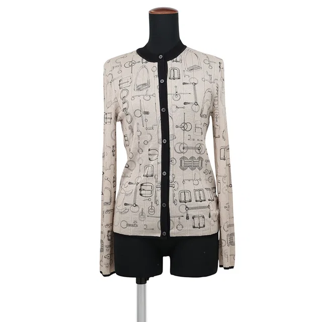 Hermès Cardigan, Cahiers du Corporteur print Size 34 Beige Pierre Histori Cashmere70% Silk30% in Beige from GALLERY RARE