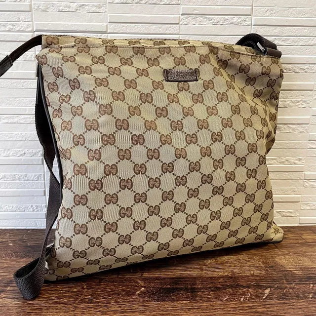 Gucci GG Canvas Nylon Shoulder Bag Brown Large in Brown Canvas from The Reluxe